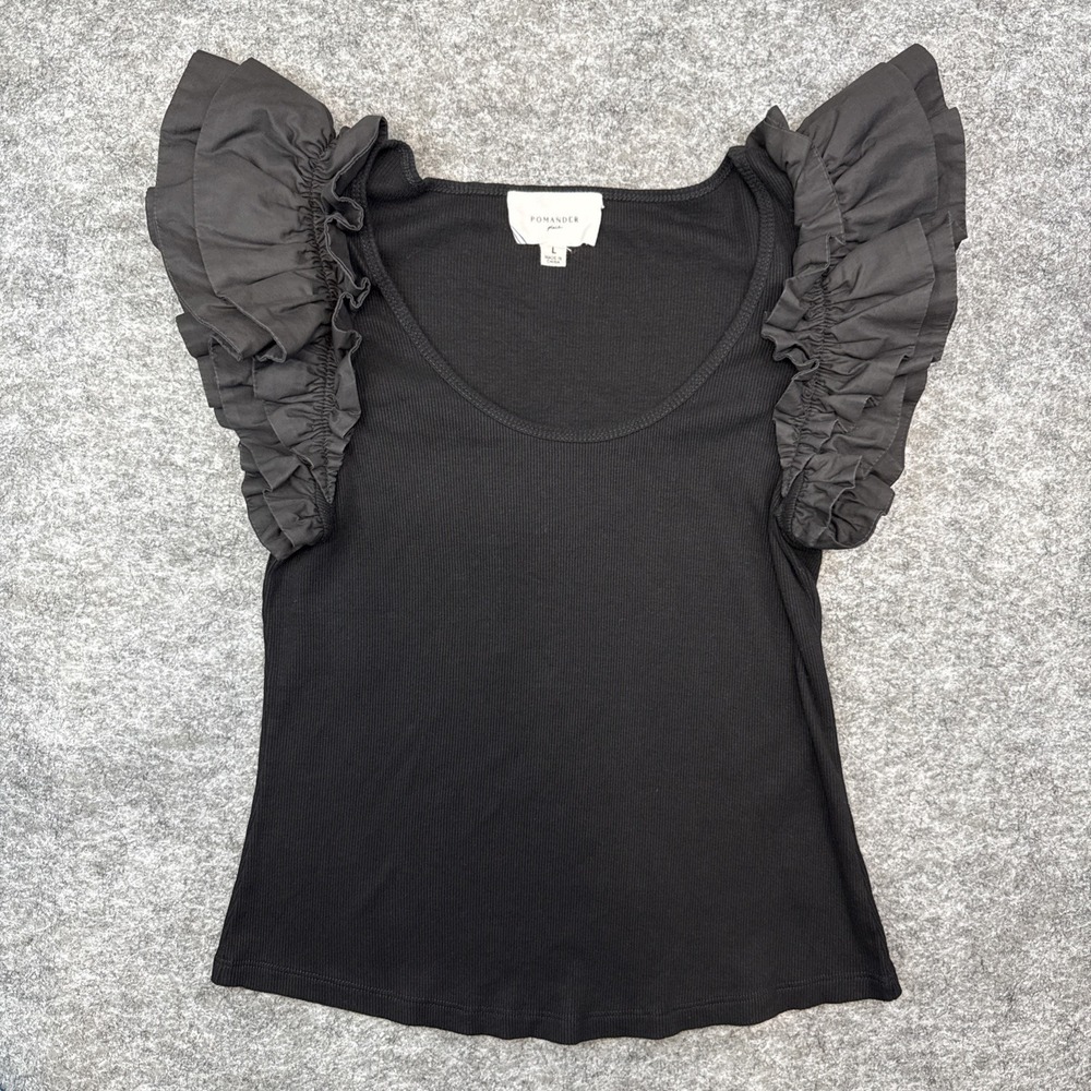Pomander Place Rita top womens large black ruffle sleeve ribbed low cut coquette